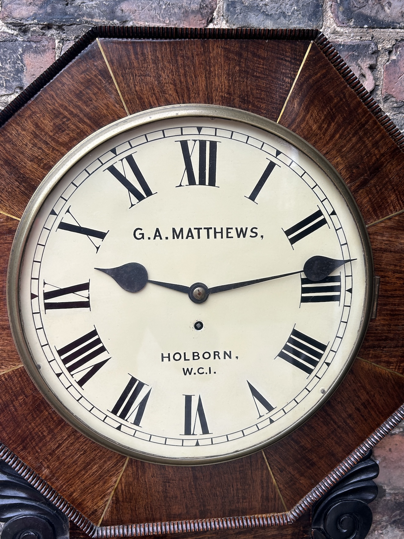 Fantastic Brass Octagonal inlaid single Fusee Wall Clock - ca 1880 - Image 12